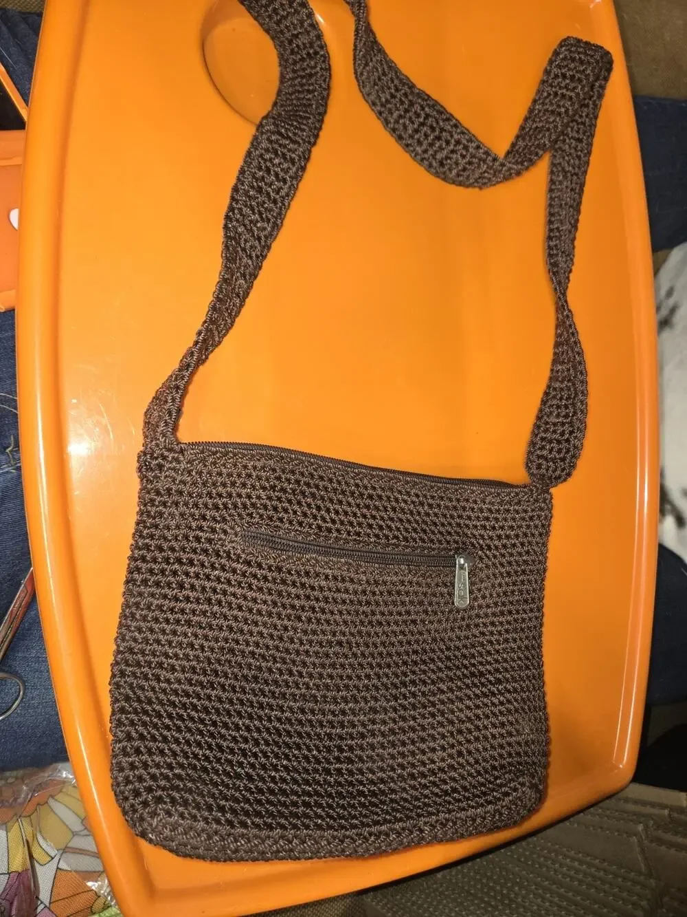 The Sak Vintage Brown Crochet Shoulder Bag Knit Crossbody Purse Front Zip Pocket
